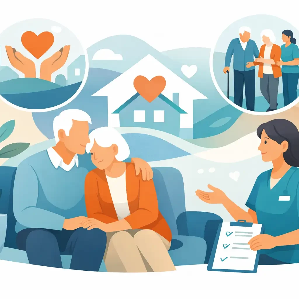 A caregiver discusses care plans with an elderly couple on a sofa, with hearts symbolizing love and home in the background.