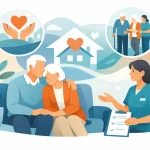 A Guide to Arranging Care for Couples | Elmes Homecare A caregiver discusses care plans with an elderly couple on a sofa, with hearts symbolizing love and home in the background.