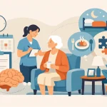 Best Ways to Support Dementia Routines at Home | Elmes Homecare Caregiver notes plans for an elderly woman sipping tea in a living room; brain icon suggests memory care.