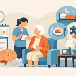 Caregiver notes plans for an elderly woman sipping tea in a living room; brain icon suggests memory care.