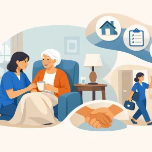 Caregiver and elderly woman sit in a living room sharing tea, representing home care services