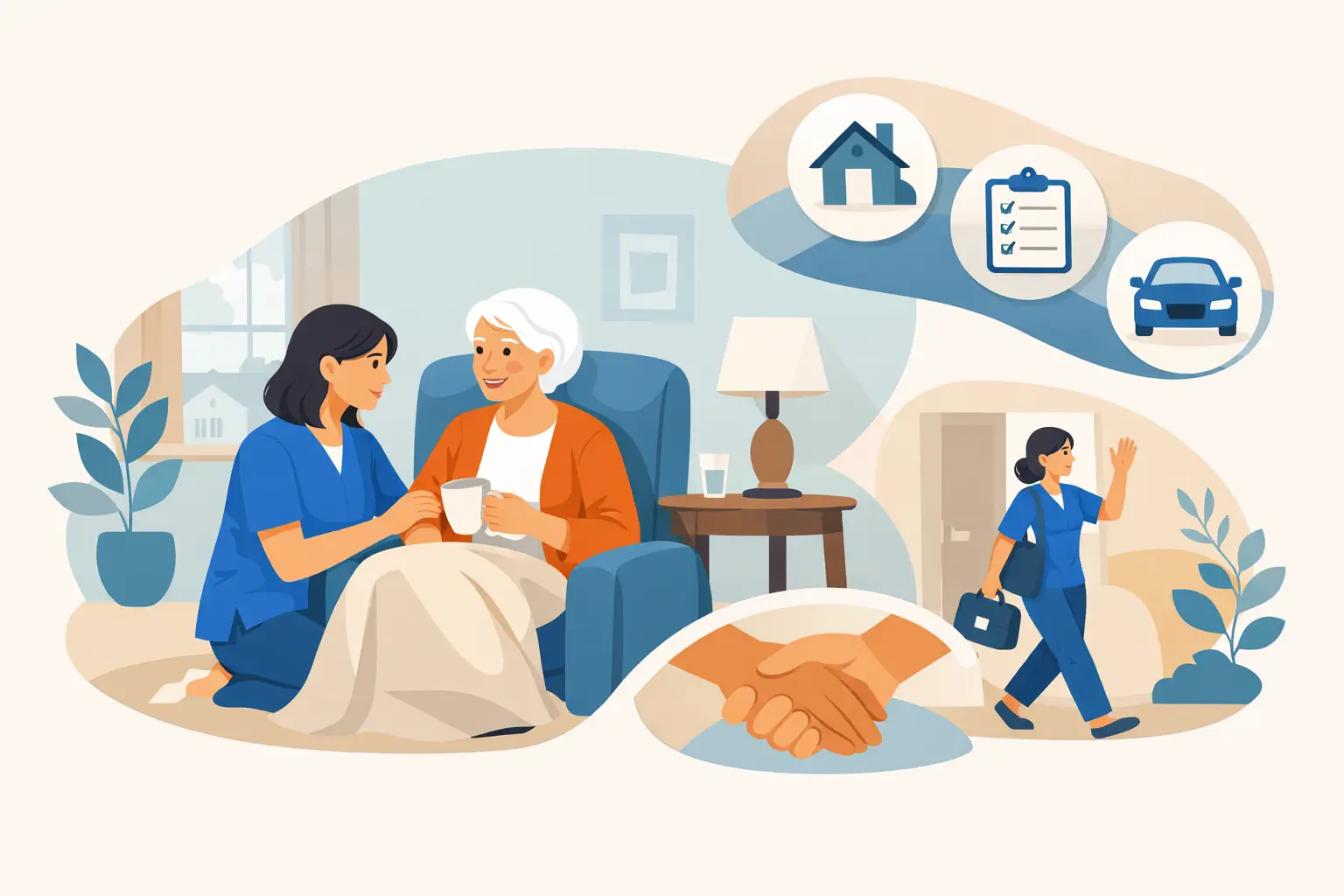 Short Term Care at Home When You Need Support | Elmes Homecare Caregiver and elderly woman sit in a living room sharing tea, representing home care services